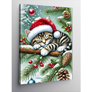 Kanvas Tablo Noel Şapkası Takan Kedi 100x140 cm