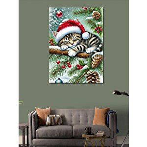 Kanvas Tablo Noel Şapkası Takan Kedi 100x140 cm