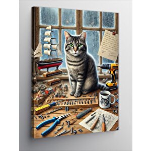 Kanvas Tablo Çalışma Masasında Kedi 100x140 cm