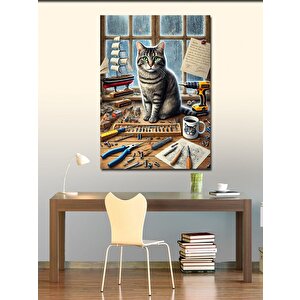 Kanvas Tablo Çalışma Masasında Kedi 100x140 cm
