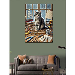 Kanvas Tablo Çalışma Masasında Kedi 100x140 cm