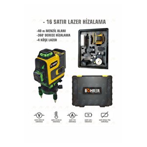 Profesyonel 2x Li-on Batarya 4x360 16 Satır Otomatik Hizalama Çapraz Çizgi Lazer + Kumanda