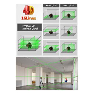 Profesyonel 2x Li-on Batarya 4x360 16 Satır Otomatik Hizalama Çapraz Çizgi Lazer + Kumanda