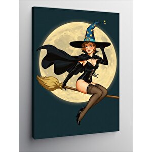 Kanvas Tablo Uçan Süpürgeli Cadı Figürü 70x100 cm