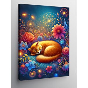 Kanvas Tablo Çiçekler Arasında Yatan Kedi 100x140 cm