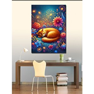 Kanvas Tablo Çiçekler Arasında Yatan Kedi 100x140 cm