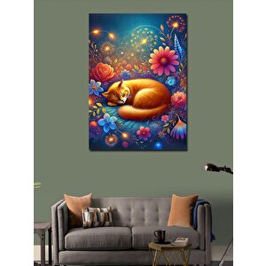 Kanvas Tablo Çiçekler Arasında Yatan Kedi 100x140 cm