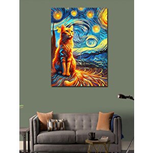 Kanvas Tablo Yıldızlı Gökyüzünde Kedi 50x70 cm