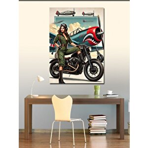 Kanvas Tablo Uçaklı Ve Motorsikletli Kadın Gücü 50x70 cm