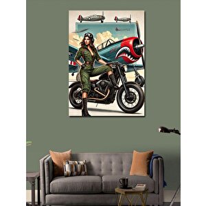 Kanvas Tablo Uçaklı Ve Motorsikletli Kadın Gücü 50x70 cm