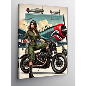 Kanvas Tablo Uçaklı Ve Motorsikletli Kadın Gücü 70x100 cm