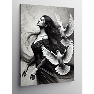 Kanvas Tablo Uçan Beyaz Güvercin Ve Kadın Silüeti 50x70 cm