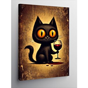 Kanvas Tablo Şarap Tutan Siyah Kedi 100x140 cm