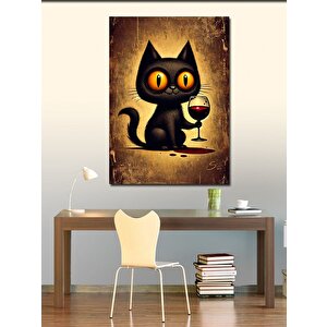 Kanvas Tablo Şarap Tutan Siyah Kedi 100x140 cm