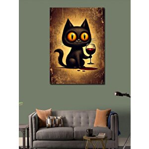 Kanvas Tablo Şarap Tutan Siyah Kedi 100x140 cm