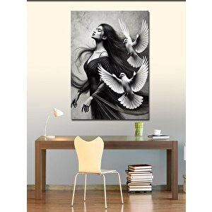 Kanvas Tablo Uçan Beyaz Güvercin Ve Kadın Silüeti 100x140 cm