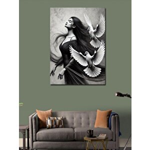 Kanvas Tablo Uçan Beyaz Güvercin Ve Kadın Silüeti 100x140 cm