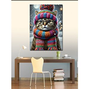 Kanvas Tablo Renkli Atkılı Kedi 100x140 cm