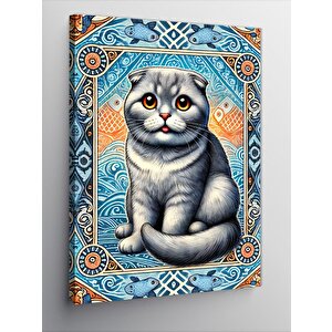 Kanvas Tablo Mavi Çerçevede Sevimli Kedi 50x70 cm