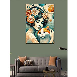 Kanvas Tablo Kedi Ve Çiçekler 50x70 cm