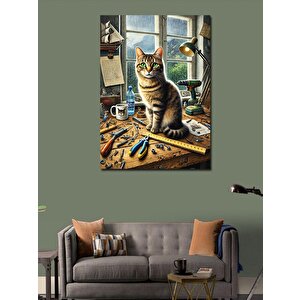Kanvas Tablo İş Tezgağında Kedi 70x100 cm