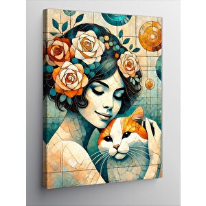 Kanvas Tablo Kedi Ve Çiçekler 70x100 cm