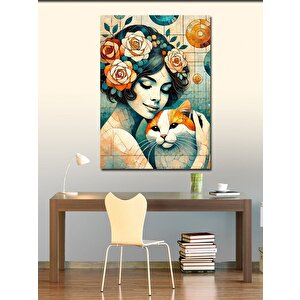 Kanvas Tablo Kedi Ve Çiçekler 70x100 cm
