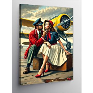 Kanvas Tablo Retro Çift Ve Uçak 70x100 cm