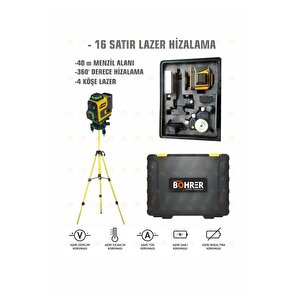 Profesyonel 2x Li-on Batarya 4x360 16 Satır Otomatik Hizalama Çapraz Çizgi Lazer + Kumanda+tripod