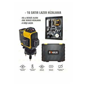 Profesyonel 2x Li-on Batarya 4x360 16 Satır Otomatik Hizalama Çapraz Çizgi Lazer + Kumanda+tripod
