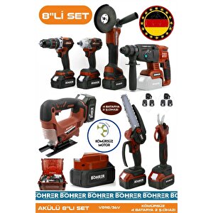 Alman Akülü Kömürsüz V598 5ah Profesypnel 8 Makine Kombo Set ,kırmızı 4 Batarya 2 Şarj