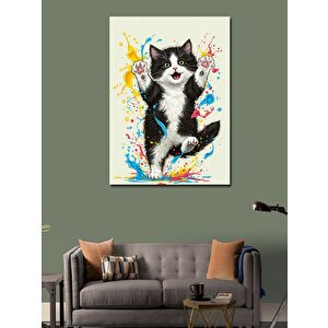 Kanvas Tablo Renkli Pati Atlayan Kedi 100x140 cm