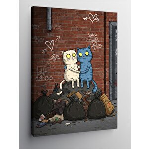 Kanvas Tablo İki Kedi Sokak Çizimi 50x70 cm