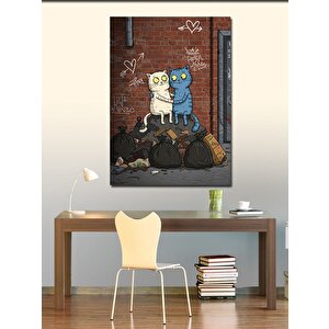 Kanvas Tablo İki Kedi Sokak Çizimi 50x70 cm