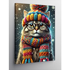 Kanvas Tablo Şapka Ve Atkılı Sevimli Kedi 100x140 cm