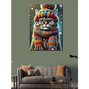 Kanvas Tablo Şapka Ve Atkılı Sevimli Kedi 100x140 cm