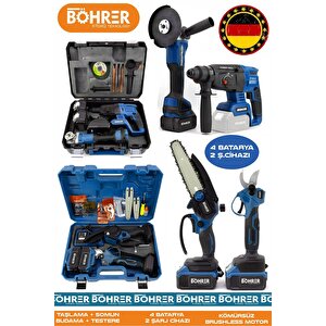 Alman 4 Akülü 2 Şarjlı Kömürsüz V598 5ah Profesyonel 4 Makine Kombo Set ,mavi Tek Çanta