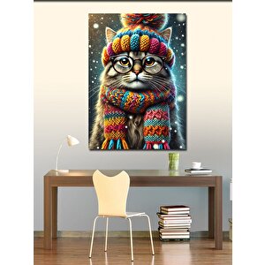 Kanvas Tablo Şapka Ve Atkılı Sevimli Kedi 70x100 cm