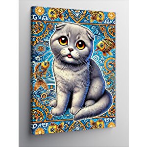 Kanvas Tablo Kedi Ve Mavi Desenler 50x70 cm
