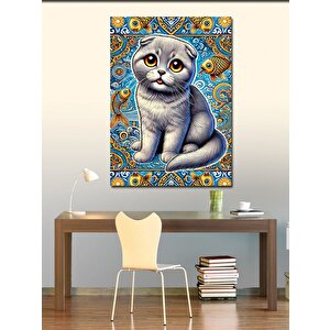 Kanvas Tablo Kedi Ve Mavi Desenler 50x70 cm