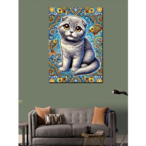 Kanvas Tablo Kedi Ve Mavi Desenler 100x140 cm