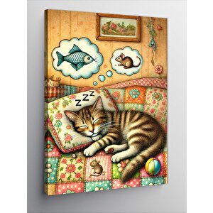 Kanvas Tablo Battaniye Üzerinde Uyuyan Kedi 50x70 cm