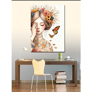 Kanvas Tablo Çiçek Taçlı Kadın Ve Kelebek 100x140 cm
