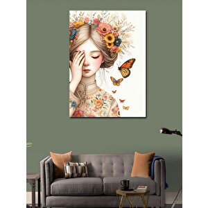 Kanvas Tablo Çiçek Taçlı Kadın Ve Kelebek 100x140 cm