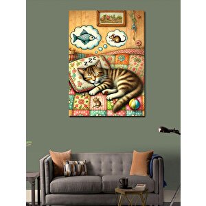 Kanvas Tablo Battaniye Üzerinde Uyuyan Kedi 70x100 cm