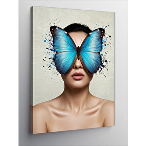 Kanvas Tablo Mavi Kelebekli Kadın Portresi 100x140 cm