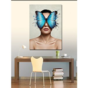 Kanvas Tablo Mavi Kelebekli Kadın Portresi 100x140 cm