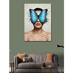 Kanvas Tablo Mavi Kelebekli Kadın Portresi 100x140 cm