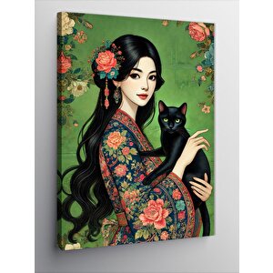 Kanvas Tablo Japon Kadın Ve Siyah Kedi 100x140 cm