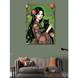 Kanvas Tablo Japon Kadın Ve Siyah Kedi 100x140 cm